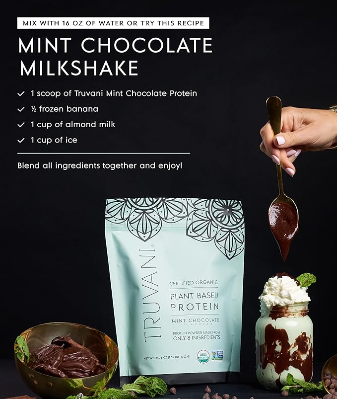 Truvani Vegan Pea Protein Powder | Mint Chocolate | 20g Organic Plant Based Protein Per Serving | 20 Servings | Keto | Gluten & Dairy Free | Low Carb | No Added Sugar