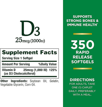 Nature's Bounty Vitamin D3 1000 IU Softgels,Immune Support,Promotes Healthy Bones,1 Softgel per Day,Gluten Free,350 Count (Pack of 2)
