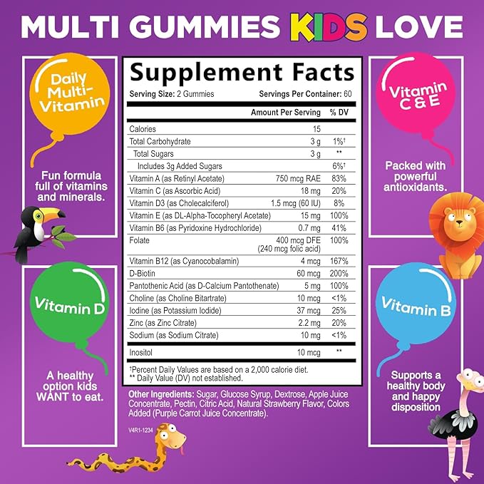 Multivitamin for Kids - Complete Daily Children's Multi Vitamin Gummy Chew with Vitamin D, B Vitamins, Zinc & More - Energy, Memory Focus & Immune Health Support - Natural Berry Flavor - 120 Gummies