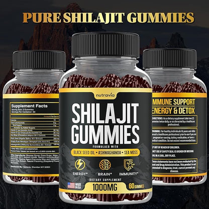 Shilajit Gummies - 3 in 1 with Sea Moss, Black Seed Oil, Ashwagandha - Natural Formula Shilajit Supplement 85+ Trace Minerals, Pure Himalayan Shilajit Gold Gomitas De Shilajit, USA Made (60 Gummies)