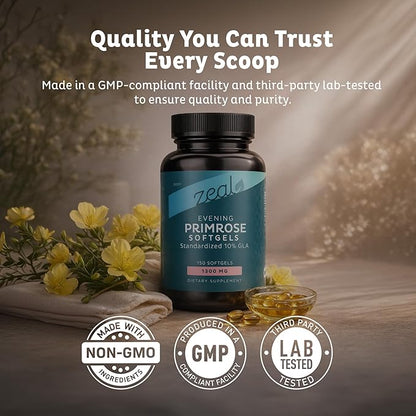 Zeal Evening Primrose Oil Softgels 1300mg for Women - GLA Supplement (Gamma Linolenic Acid 130mg) - Hormone Support, Skin & Hair Health - 150 Softgels