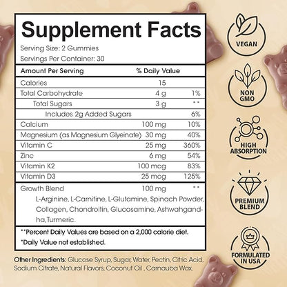 Height Growth Increase Vitamin Gummies, Calcium 100mg, Magnesium Glycinate 30mg, Zinc, Ashwagandha, Vitamin K2 D3 25mg Grow Tall Maximizer Supplement, Multivitamin for Kids, Teens Boy & Girl, Adults