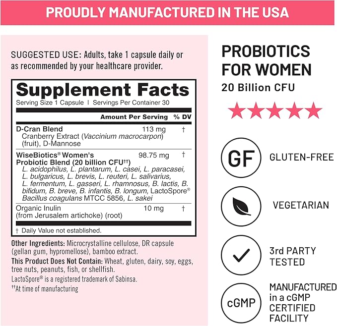 NatureWise Probiotics for Women + Organic Prebiotics D-Mannose & Cranberry - Vaginal Probiotics for PH Balance, Digestive & Urinary Tract - 18 Strains, 20 Billion CFU - 60 Capsules[60-Day Supply]