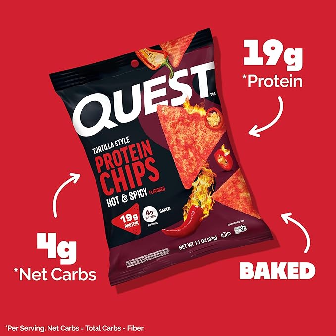 Quest Nutrition Tortilla Style Protein Chips, Hot & Spicy, 19g of Protein, 4g Net Carbs, High Protein, Gluten Free, 1.1 Ounce (Pack of 12)