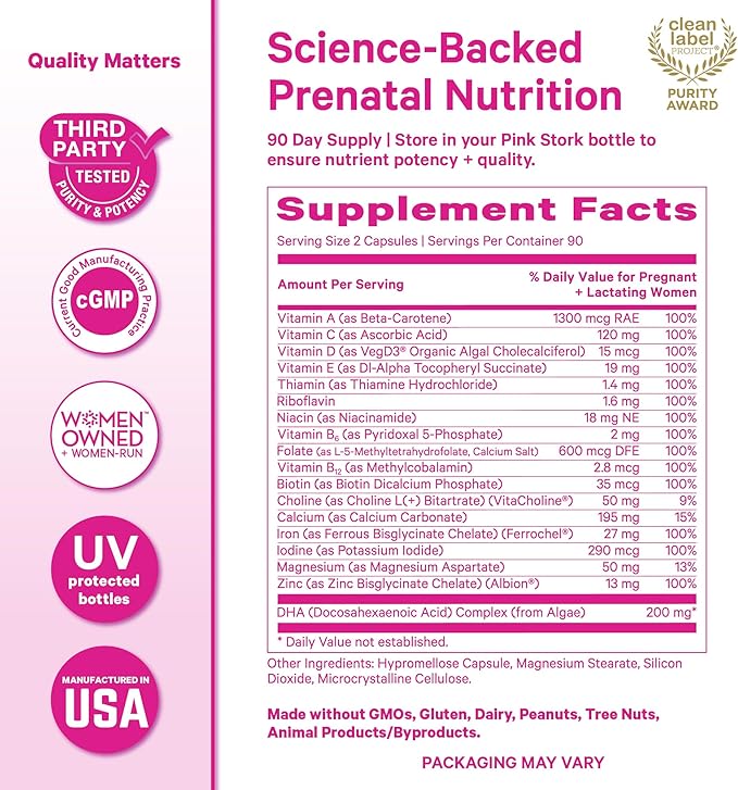 Pink Stork Total Prenatal Vitamins with DHA, Folate, and Iron, 3 Month Supply to Help Support Fetal Development, Pregnancy Must Haves - 180 Capsules