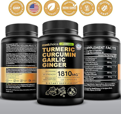 Liposomal Turmeric - High-Absorption Curcumin Supplements, Non-GMO Blend for Digestive Comfort & Daily Support - Organic Turmeric Supplement with Black Pepper (120ct, Pack of 4)