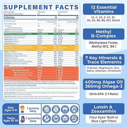 Methylated Multivitamin Gummies for Teens & Kids with Methylfolate, Methyl B12 & Omega3, Teen Vitamins for Boys & Girls 10-19 with Multi-Minerals for Teenager Focus, Energy, Growth, Skin, Eyes, Immune