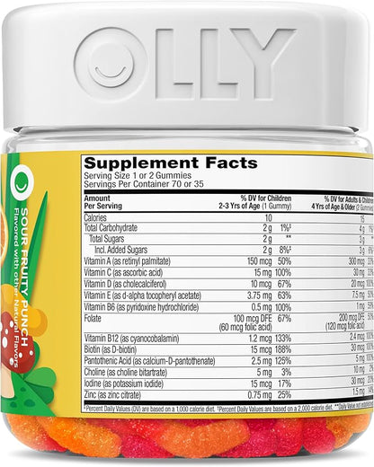 OLLY Kids Multivitamin Gummy Worms, Overall Health and Immune Support, Vitamins and Minerals A, C, D, E, Bs and Zinc, Chewable Supplement, Sour Fruit Punch, 45 Day Supply (70 Count)