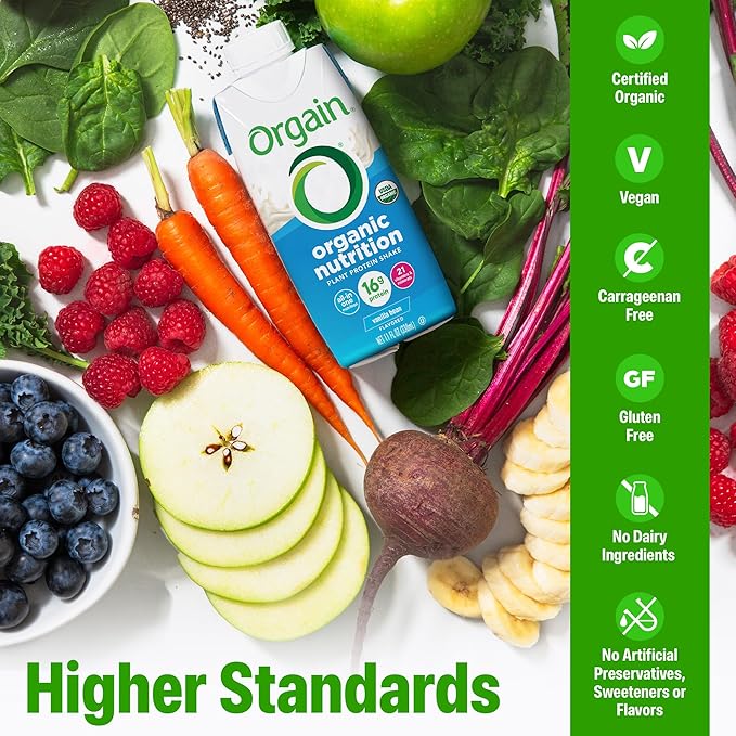 Orgain Organic Nutritional Vegan Protein Shake, Vanilla Bean - 16g Plant Based Protein, Meal Replacement, 21 Vitamins & Minerals, Fruits & Vegetables, Gluten Free, Non-GMO, 11 Fl Oz (Pack of 12)
