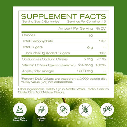 NEWELLME Sugar-Free Apple Cider Vinegar Gummies for Metabolism - 1000mg ACV with The Mother & Vitamin B12 for Energy Support - Vegan, Gluten-Free, 30 Counts