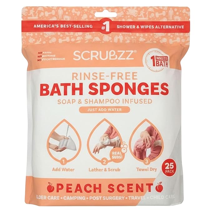 Scrubzz Disposable No Rinse Bathing Wipes for Senstive Skin - 25 Pack - All-in-1 Single Use Shower Wipes, Simply Dampen, Lather, and Dry Without Shampoo or Rinsing (Peach, 1-Pack)
