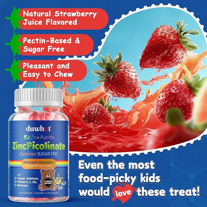 Zinc for Kids Supplements, Zinc Picolinate 30mg Gummies with Copper, High Absorption Form, with Selenium, Elderberry, for Kids Teens Growth, Skin & Immune Health, Sugar Free, 60 Gummies