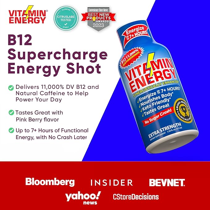 Vitamin Energy B12 11,000% Extra Strength Energy Shot Açaí Pomegranate 48 Pack, 260mg Natural Caffeine, B12 & B6, Nootropic Focus, Vitality, Zero Sugar, Gluten-Free, Vegan, Kosher, 1.93 fl oz