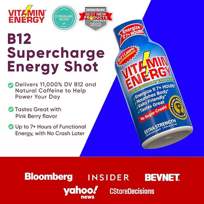 Vitamin Energy B12 11,000% Extra Strength Energy Shot Açaí Pomegranate 12 Pack, 260mg Natural Caffeine, B12 & B6, Nootropic Focus, Vitality, Zero Sugar, Gluten-Free, Vegan, Kosher, 1.93 fl oz