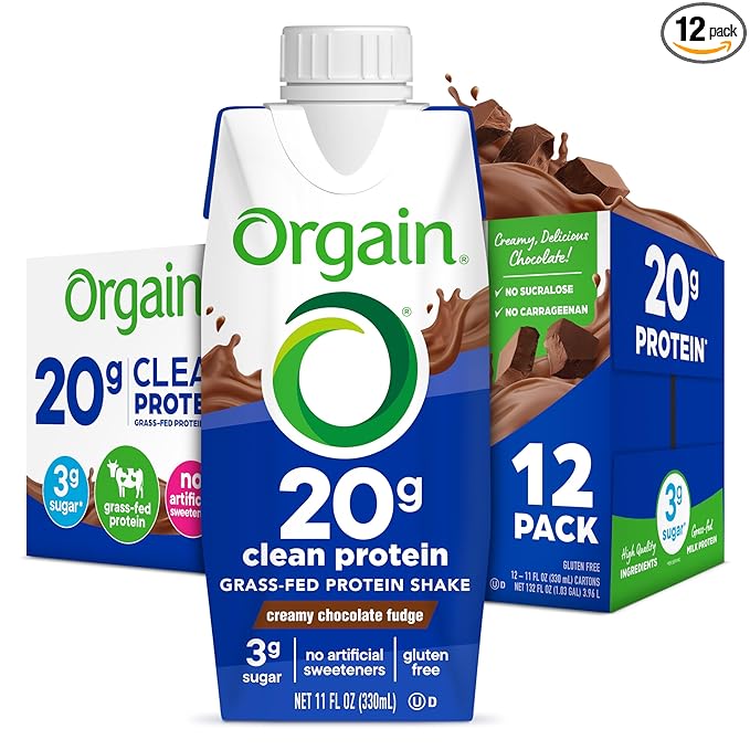 Orgain Clean Protein Shake, Grass Fed Dairy, Creamy Chocolate Fudge - 20g Whey High Protein, Kosher, Ready to Drink, Low Net Carbs, Gluten Free, No Soy Ingredients, 11 Fl Oz (Pack of 12)