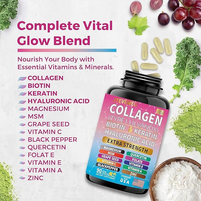 Collagen Supplement - Type I, II, III, V and X - with Biotin, Keratin, Hyaluronic Acid & 13+ Extra Strength Ingredients - （180 Capsules）