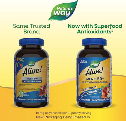 Nature's Way Alive! Men’s 50+ Daily Gummy Multivitamins, Supports Healthy Brain, Eyes, Heart*, B-Vitamins, Gluten-Free, Fruit Flavored, 150 Gummies (Packaging May Vary)