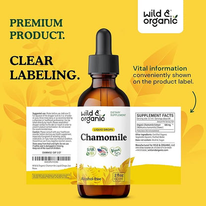 Wild & Organic Chamomile Tincture - Add to Tea for Relaxation Support - 500 mg Chamomile Flowers Drops - Mood Support Herbal Supplement - 28-Day Supply - Vegan, Sugar & Alcohol-Free - 2 fl oz