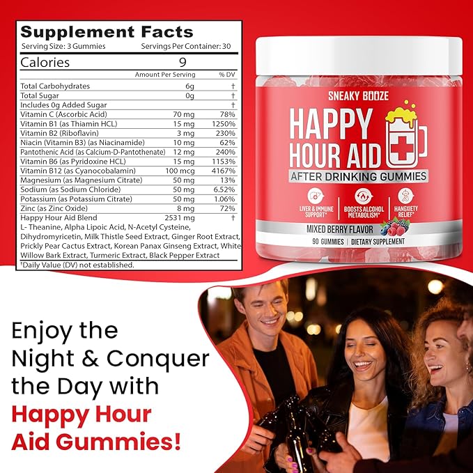 Sneaky Booze Happy Hour Aid Gummies Supplement Pre Game Party Hydration Electrolytes Alcohol DHM Milk Thistle After Drinking Gummy Weekend Recovery Vitamins Formula Better Mornings Support 90 Count