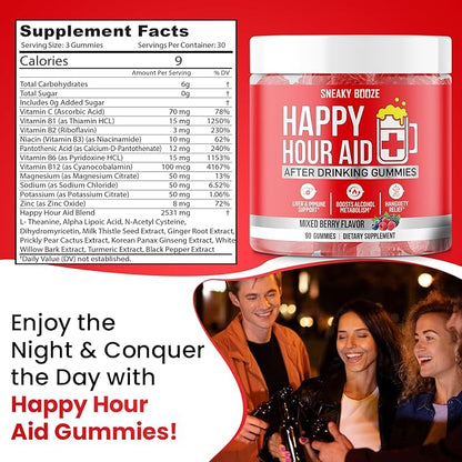 Sneaky Booze Happy Hour Aid Gummies Supplement Pre Game Party Hydration Electrolytes Alcohol DHM Milk Thistle After Drinking Gummy Weekend Recovery Vitamins Formula Better Mornings Support 90 Count