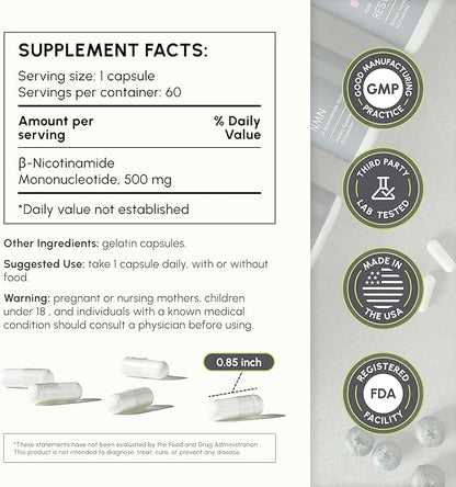 NMN Supplement 500mg - High Purity Nicotinamide Mononucleotide - NAD+ Booster for Anti-Aging, Cellular Energy & Longevity - 60 Veggie Capsules