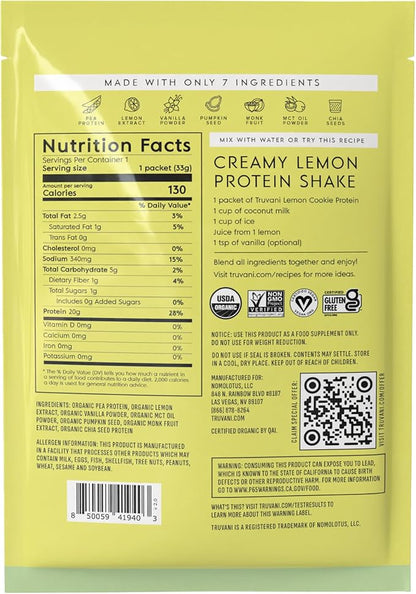 Truvani Vegan Pea Protein Powder | Lemon Cookie | 20g Organic Plant Based Protein | 1 Serving | Keto | Gluten & Dairy Free | Low Carb | No Added Sugar