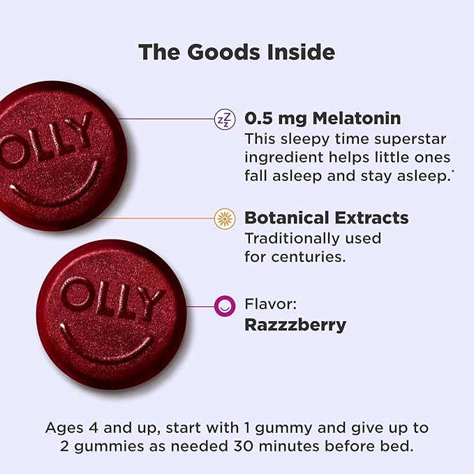 OLLY Kids Sleep Gummy, Occasional Sleep Support, 0.5mg Melatonin, L Theanine, Chamomile, and Lemon Balm Extracts, Childrens Chewable Supplement, Raspberry Flavor - 90 Count