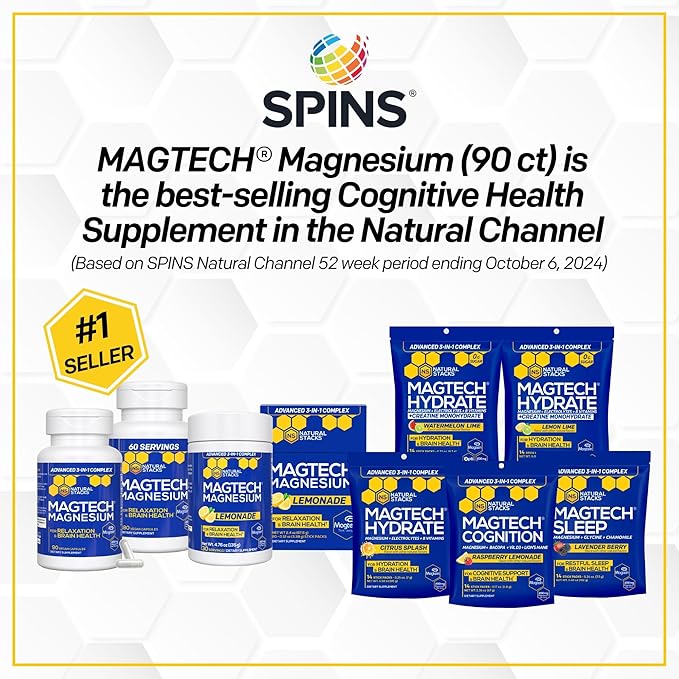 Natural Stacks MagTech Magtein Magnesium L-Threonate, Glycinate & Taurate 200mg Chelated Magnesium Complex Supplement for Relaxation & Brain Health 90 Capsules