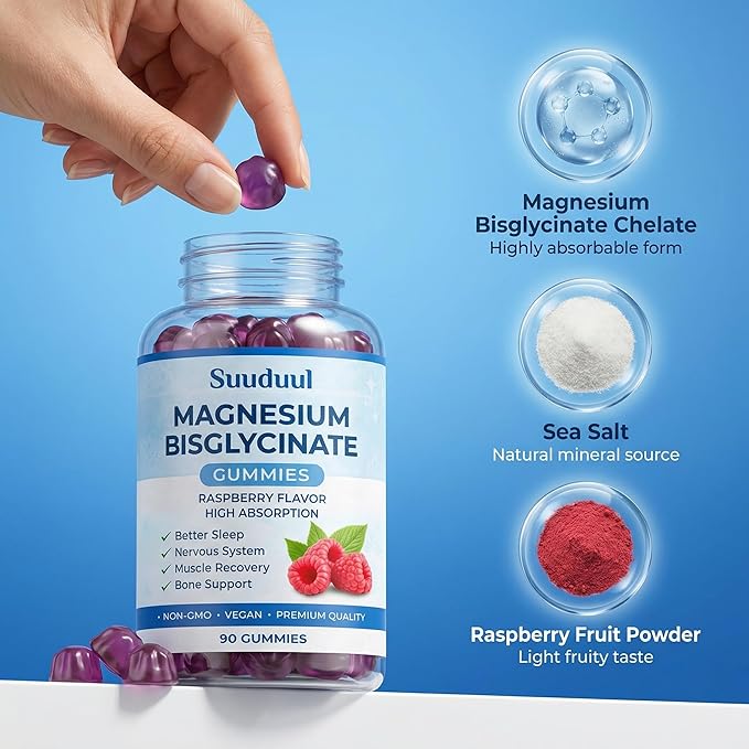 Magnesium Bisglycinate Gummies, 400mg High Absorption Magnesium Supplement, Raspberry Flavor, Supports Muscle & Nerve Function, Relaxation & Daily Wellness, Vegan, 90 Gummies