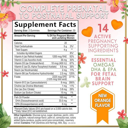 Prenatal Vitamins for Women – Complete Pregnancy Multivitamin - Folic Acid, Omega 3 DHA, Choline, Vitamin D – Essential Support for Mom's & Baby Brain Development - Tasty Orange Flavor - 60 Gummies