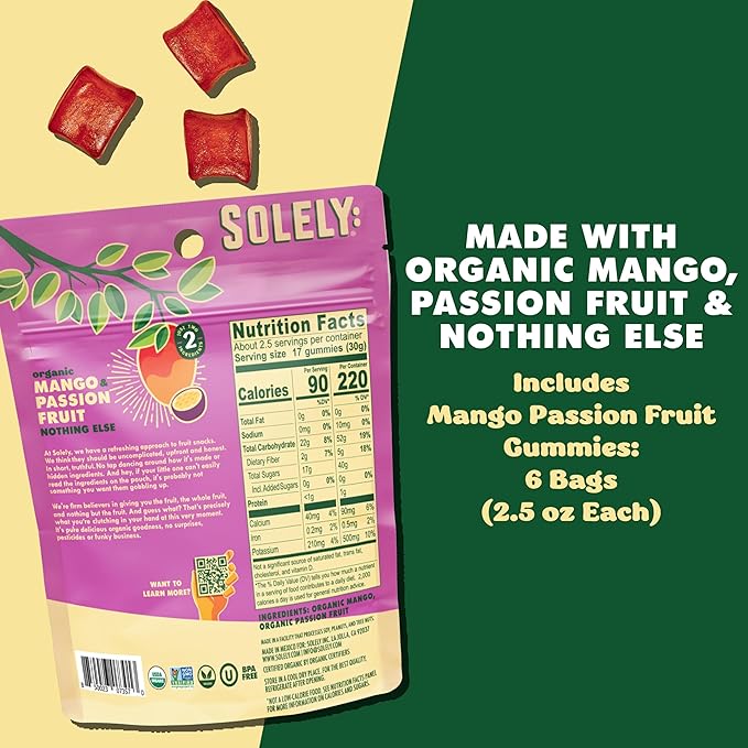 SOLELY - Organic Mango & Passion Fruit Whole Fruit Gummies (2.5 oz Large Pouches, Pack of 6) - Real Fresh Fruit, Healthy Snacks for Adults & Kids - Non GMO, Vegan Snacks, Shelf Stable - 6 Bags (15 oz)