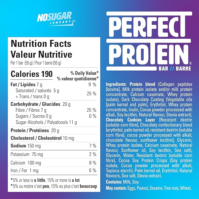 No Sugar Perfect Protein Bar - Cookies & Cream Flavor | 20g High Protein, Zero Sugar, Diabetic-Friendly, High Fiber, Keto-Friendly, Low Calorie, Nutrient Rich Healthy Snack | 14 Bars (55g)