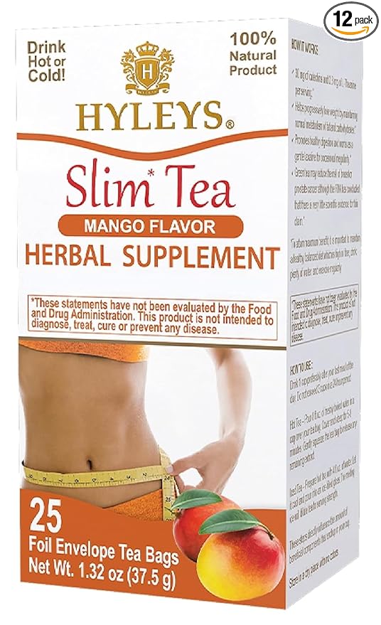 Hyleys Slim Tea Mango Flavor - Weight Loss Herbal Supplement Cleanse and Detox - 25 Tea Bags (12 Pack)