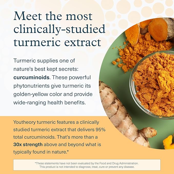 Youtheory Turmeric Extra Strength - 1,000 mg - Supports Brain, Muscle & Joint Health* - Contains Bioenhancers, Curcuminoids & Herbal Extracts - USP Verified - 60 Vegetarian Capsules (30-Day Supply)