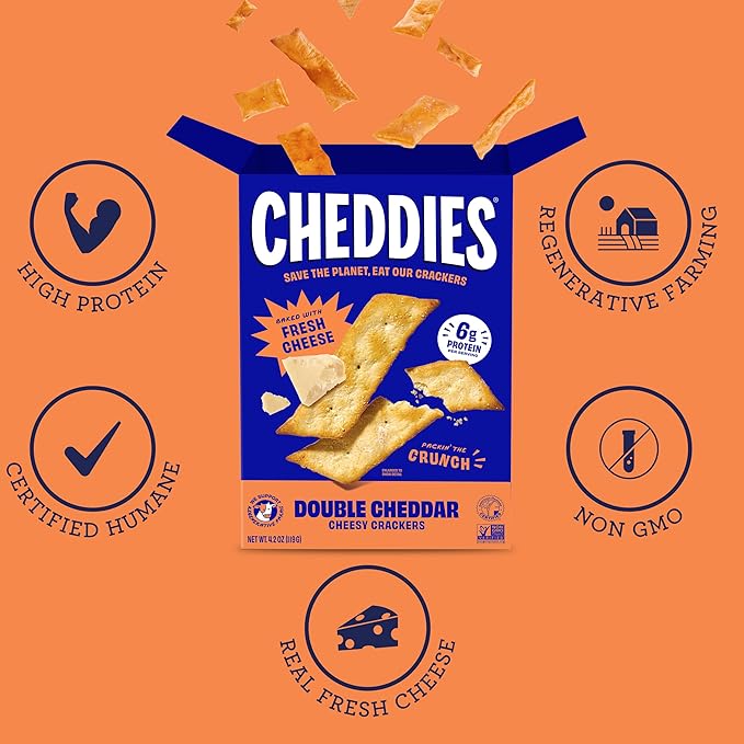 Cheddies Crackers Double Cheddar | Healthy Snacks Made with Real Cheddar Cheese and Simple Ingredients | Non-GMO | Cheesy Crackers | 4.2 Ounce (Pack of 6)
