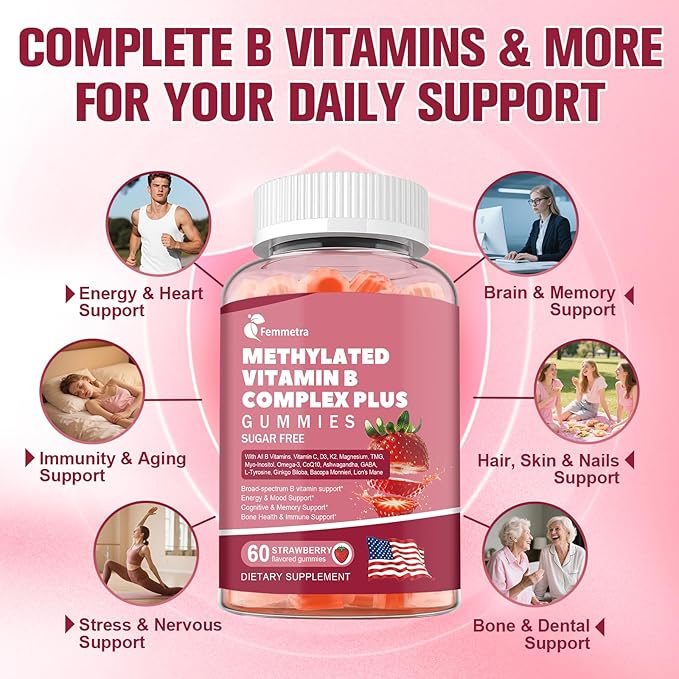 Ultra Methylated Vitamin B Complex Sugar Free Gummies - All B Vitamins + Vitamin C D3 K2 Ashwagandha Magnesium Omega 3 CoQ10 for Women Men - Methyl Vitamin B12, Methylfolate, B1, B2, B3, B5, B6, B7 B9