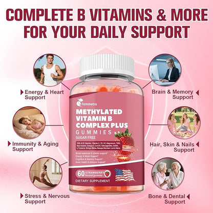 Ultra Methylated Vitamin B Complex Sugar Free Gummies - All B Vitamins + Vitamin C D3 K2 Ashwagandha Magnesium Omega 3 CoQ10 for Women Men - Methyl Vitamin B12, Methylfolate, B1, B2, B3, B5, B6, B7 B9