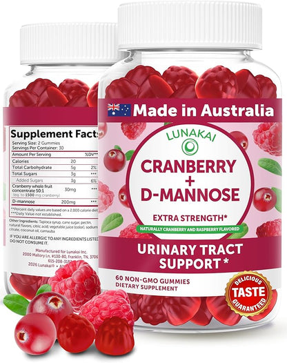 Lunakai Cranberry Gummies for Women 1500mg (50:1 Extract) with D-Mannose 200mg - Daily Cranberry Supplement for Urinary Tract Health & Bladder Support, Non-GMO – Made in Australia – 60ct