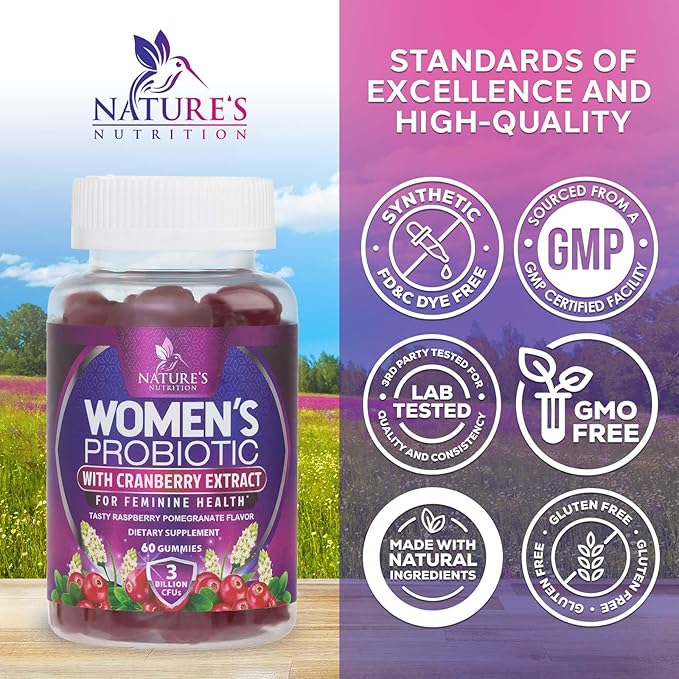 Nature's Nutrition Probiotics for Women Gummies with Cranberry - 6 Premium Strains for PH Balance, Digestive Health, Vaginal & Immune Support, Women's Probiotic Gummy for Feminine Health - 60 Gummies