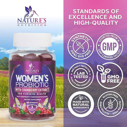 Nature's Nutrition Probiotics for Women Gummies with Cranberry - 6 Premium Strains for PH Balance, Digestive Health, Vaginal & Immune Support, Women's Probiotic Gummy for Feminine Health - 60 Gummies