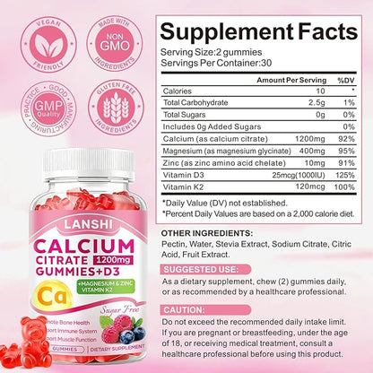 Calcium Citrate Gummies 1200mg with Vitamin D3 & K2 Supplements for Women & Men, High Absorption Calcium Gummies Plus Magnesium, Zinc for Strong Bones & Immune Support Mixed Berry Flavor