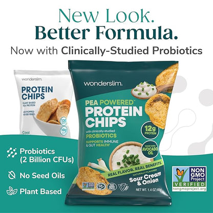 Wonderslim Protein Chips with Probiotics, Sour Cream & Onion | 12g Plant Protein, 170 Cal | High Protein Chips, Vegan, Gluten Free, Non-GMO | Made with Avocado Oil, No Seed Oils | 12 Pack