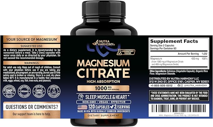Magnesium Citrate Capsules 1000mg | High Absorption Supplement - Sleep, Muscle & Heart Support - Vegan | Non-GMO - Made in USA - As Powder | Pills | Tablets - 120 Capsules, 2 Month Supply