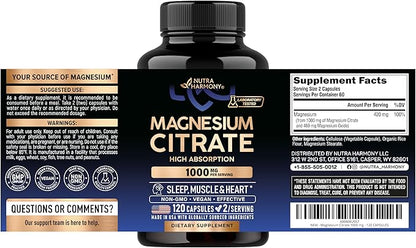 Magnesium Citrate Capsules 1000mg | High Absorption Supplement - Sleep, Muscle & Heart Support - Vegan | Non-GMO - Made in USA - As Powder | Pills | Tablets - 120 Capsules, 2 Month Supply