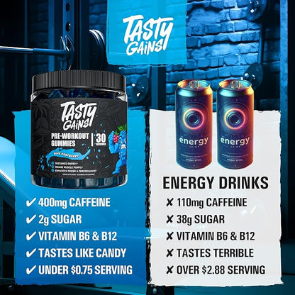 TASTY GAINS - Pre-Workout Gummies – Energy & Focus Boost, Caffeine Gummies for Men & Women, 200mg of Caffeine, Fat-Burning Preworkout for Strength & Endurance (60, Pineapple Mango)