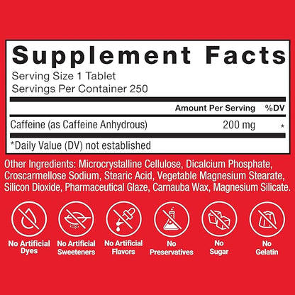 Force Factor Caffeine Pills 200mg, Caffeine Tablets to Boost Energy, Focus, Strength, and Performance, Premium Quality Pills, Energy Support Supplement, 250 Tablets