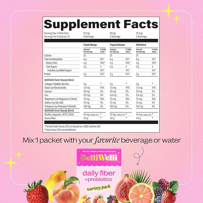 Belli Welli Fiber Supplement, Probiotics Fiber Powder Travel Pack for Women with Collagen & Electrolytes for Daily Gut Health & Debloating, Variety Pack, 10 Packets