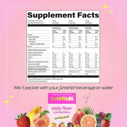 Belli Welli Fiber Supplement, Probiotics Fiber Powder Travel Pack for Women with Collagen & Electrolytes for Daily Gut Health & Debloating, Variety Pack, 10 Packets