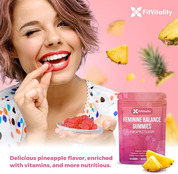 Premium 120 Feminine Balance Gummies – Probiotics, Collagen Type II, Chasteberry, Vitamin D & Magnesium – Gluten-Free, Pineapple Flavor, Vegan