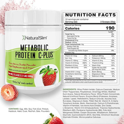 Metabolic Protein C-Plus Whey Protein Powder & Shake Meal Replacement with Vitamin C, L-Glutamine & Digestive Enzymes, Low Carb Protein Drink, Support Metabolism, Energy & Gut health 1.1lb Strawberry
